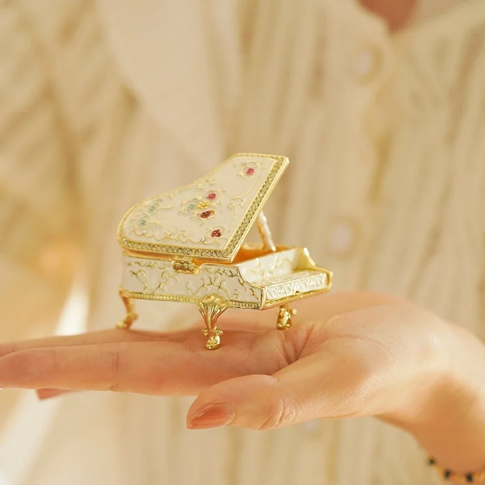 Creative Piano Shaped Jewelry Boxes Enamel Floral Decorative Trinket Case Miniature Musical Instrument Ornament Home Decor Gifts