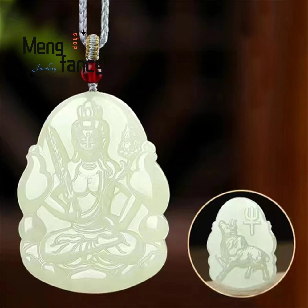 Natural Afghan Greenish White Jade Eight Guardian Deities Zodiac Pendant Double-sided Engraving Couple Fashion Jewelry Mascots