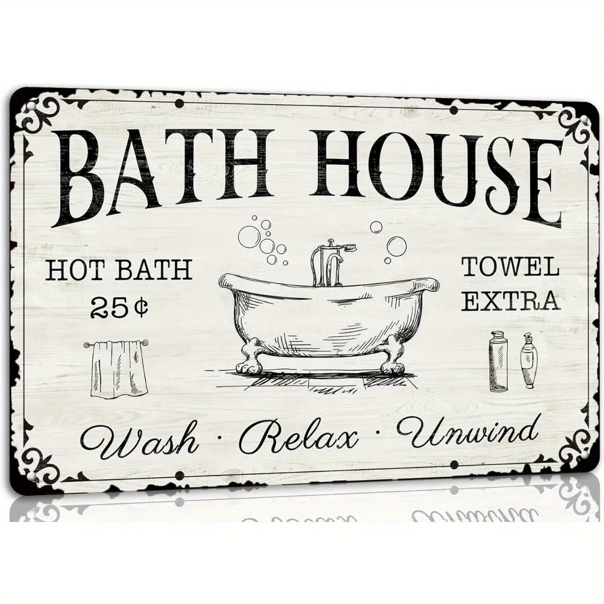Vintage Rectangle Metal Tin Sign Bath House Hot Bath 25 Cents Towel Extra Clawfoot Bathtub Sketch Print Wash Relax Unwind Rustic Farmhouse Style 2D Flat Not 3D Distressed Wall Plaque Pre‑Drilled Holes Bathroom Restroom Home Wall Hanging Decor
