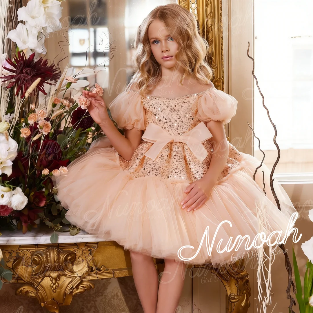 Lovely Sequins Flower Girl Dresses for Wedding with Bow Knee Length Girl Birthday Party First Holy Communion Gowns Customized