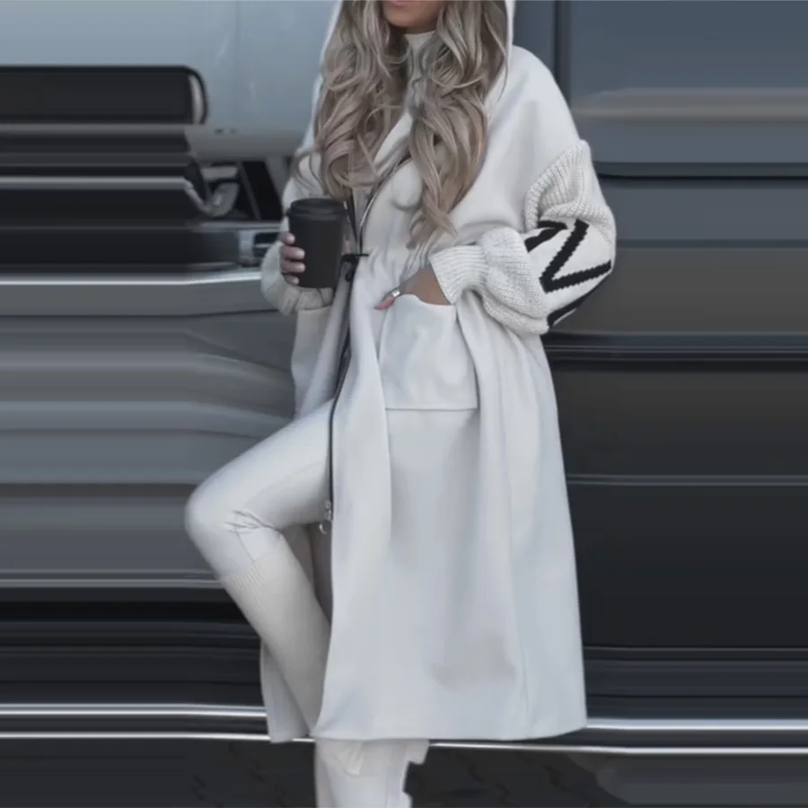 

Loose Women's Coats Autumn Winter Warm Solid Color Fashion Commuter Style Coats Patchwork Waist Long Sleeves Hooded Outerwears