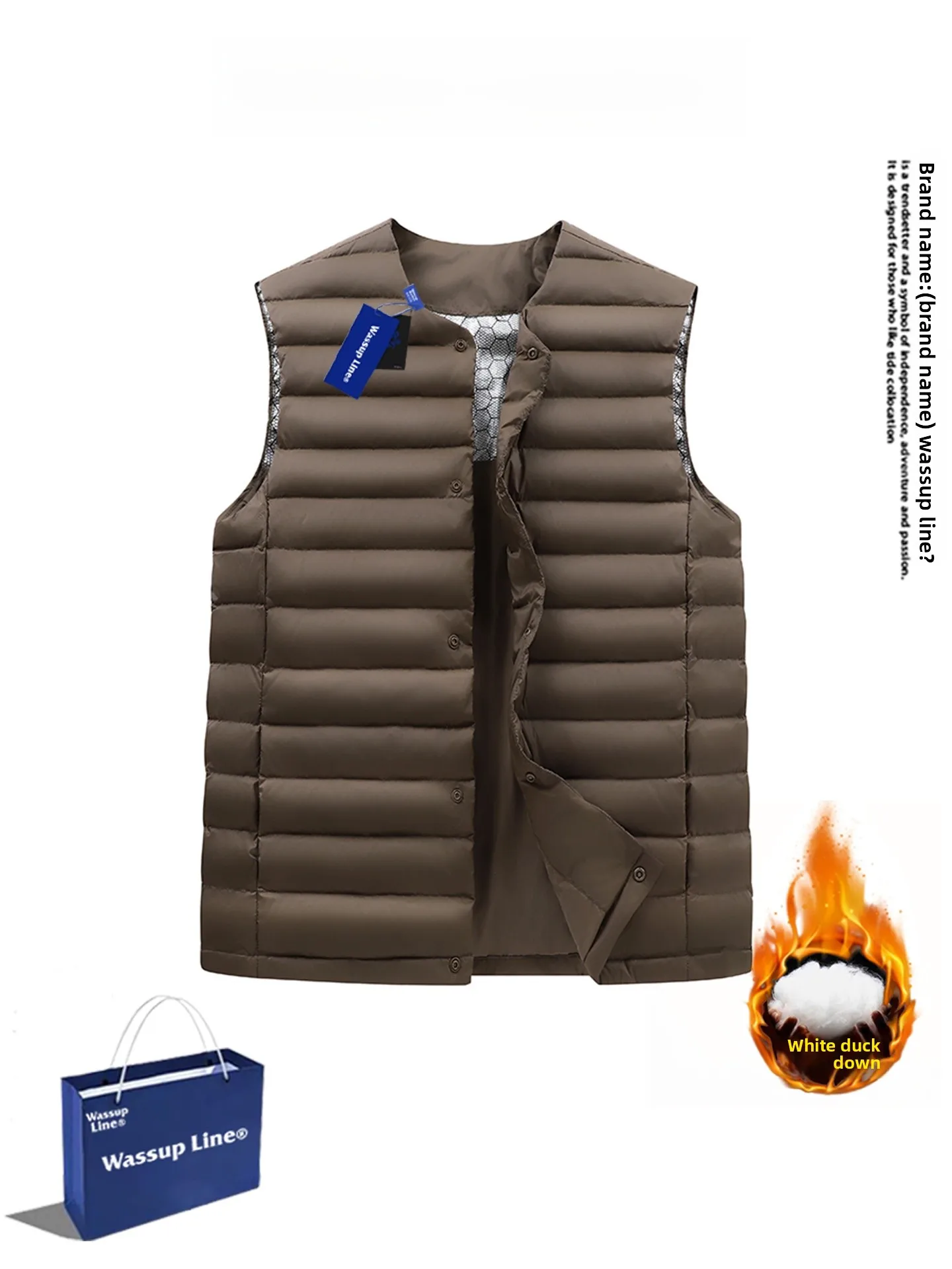 

Wassup Line Men's Faion down Vest Thiened White Du down round Ne Svel Jaet Winter Warm Sli Outerwear