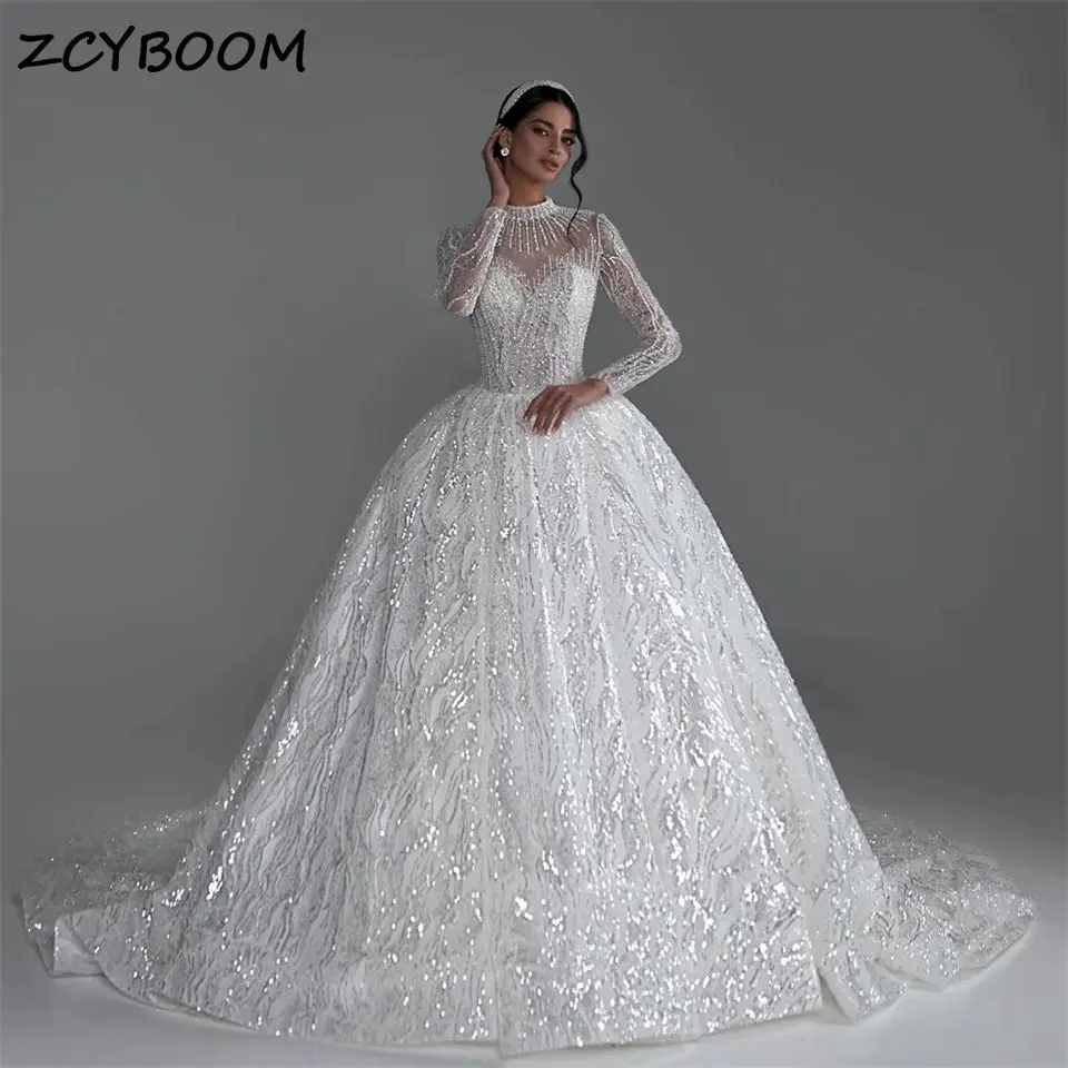 Luxury Glitter High Neck Beaning Sequined Full Sleeve Tulle Princess Wedding Dress 2024 Court Train Bridal Gown Vestido De Noiva