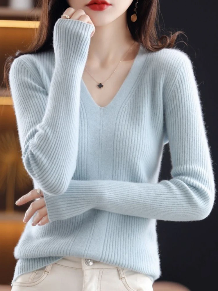 Women Wool V-neck Sweater Bottoming Jumpers Solid Autumn Winter Soft Warm Woman Sweater Knitted Basic Slim Pullovers Tops