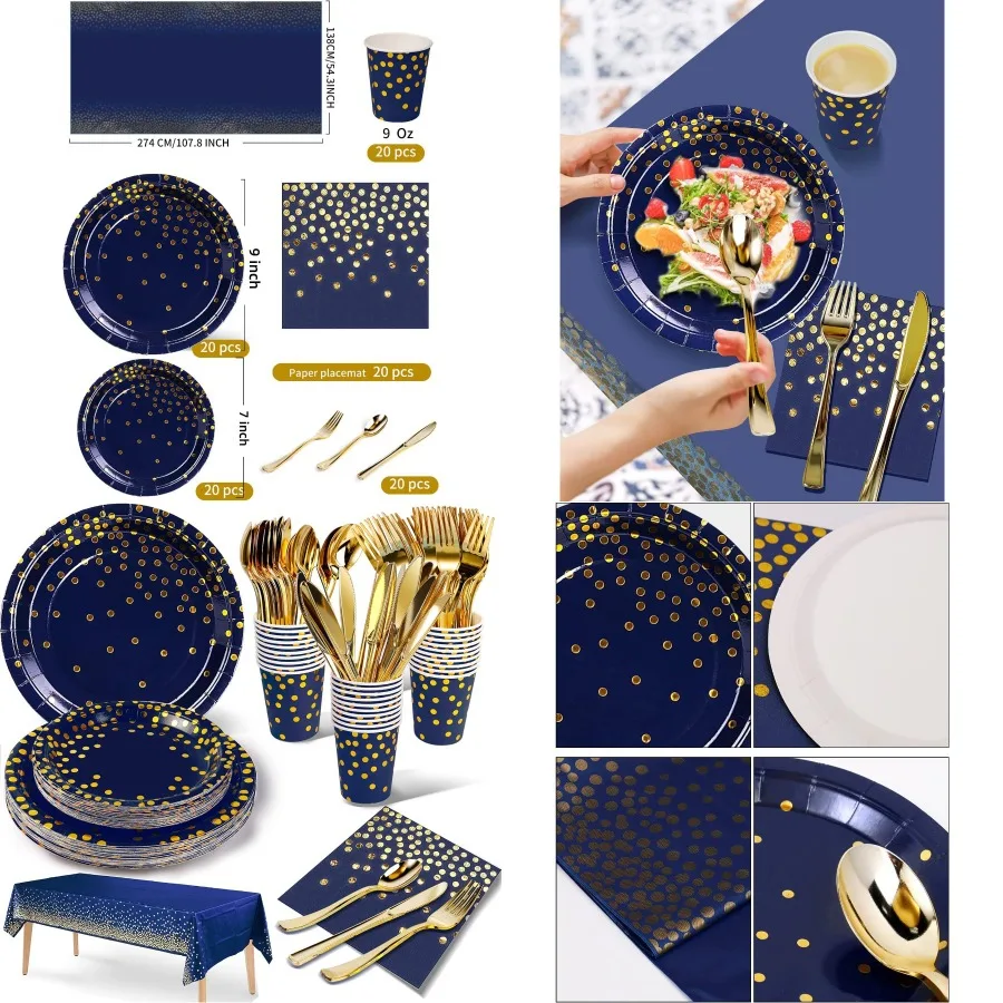 

141 шт., темно-синий, золотой набор посуды для вечеринок с бумажными тарелками, салфетками, чашками и столовым серебром для свадебного душа