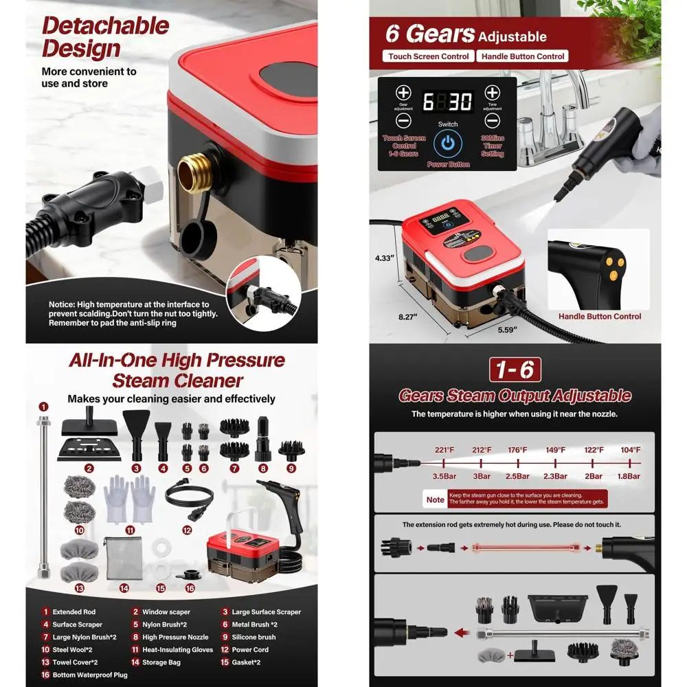

Портативный пароочиститель объемом 1,2 л, нагрев 10 с, 6-уровневая ручка, мощность 1500 Вт, аксессуары 20 шт., идеально подходит для домашней и уборки автомобилей