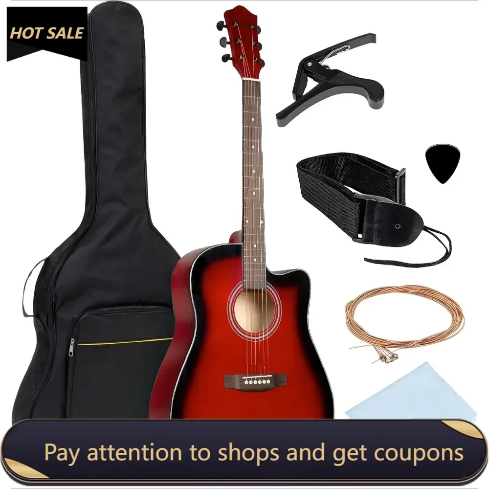 

41in Beginner Acoustic Guitar Full Size All Wood Cutaway Guitar Starter Set Bundle with Case, Strap, Capo, Strings, Picks - Red