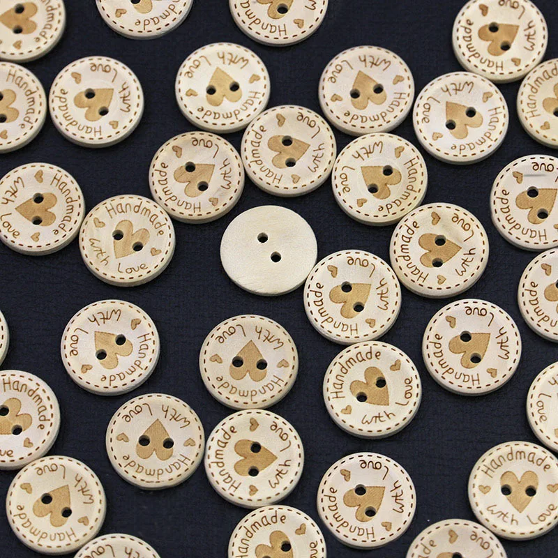 

(50 Pcs/pack) 20mm Wooden Heart Button Handmade Circular Retro Clothing Sewing Button Wooden Decorative Bowl Shaped DIY