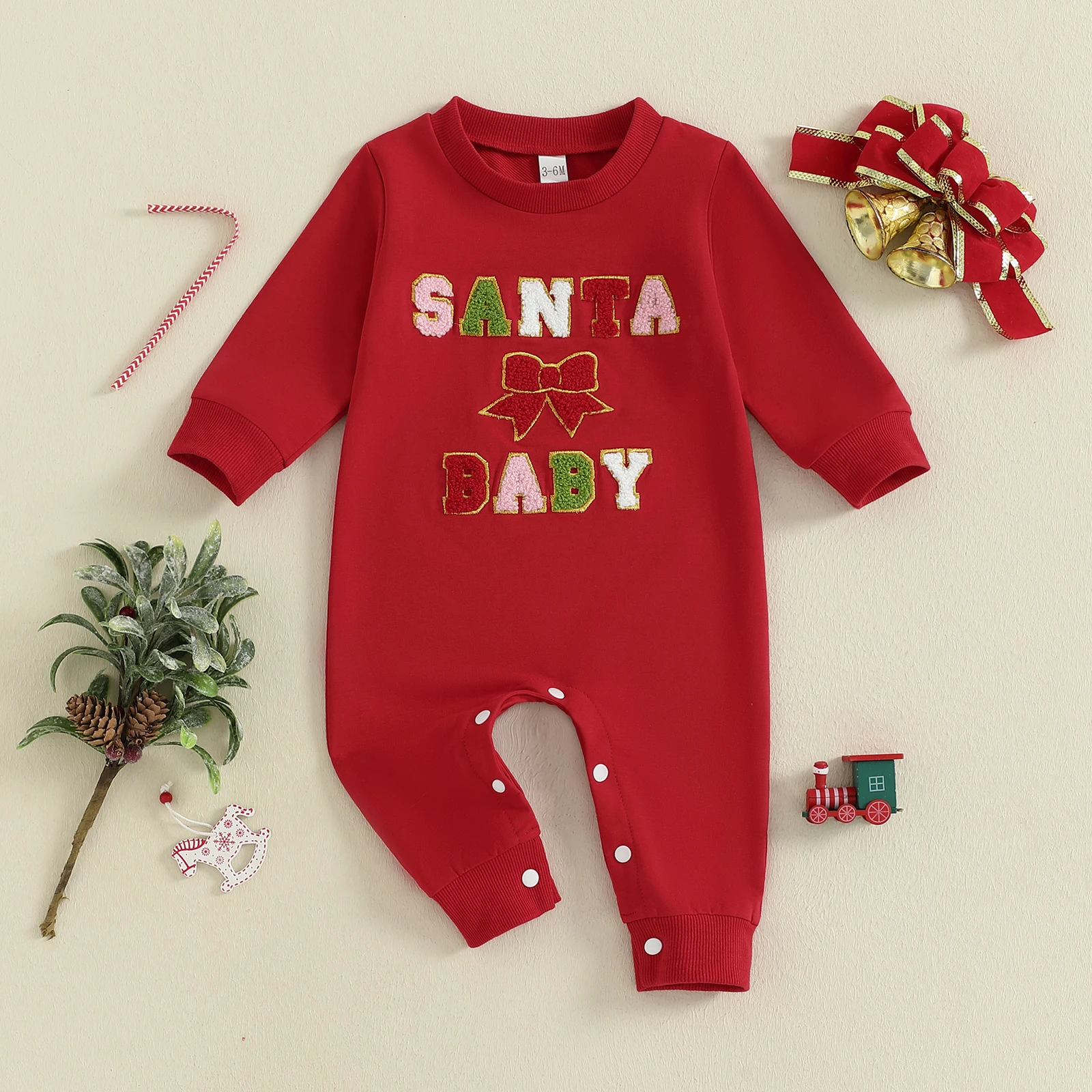 2025 Baby Christmas Romper Bow Letter Embroidery Long Sleeve Round Neck Full Length Jumpsuit