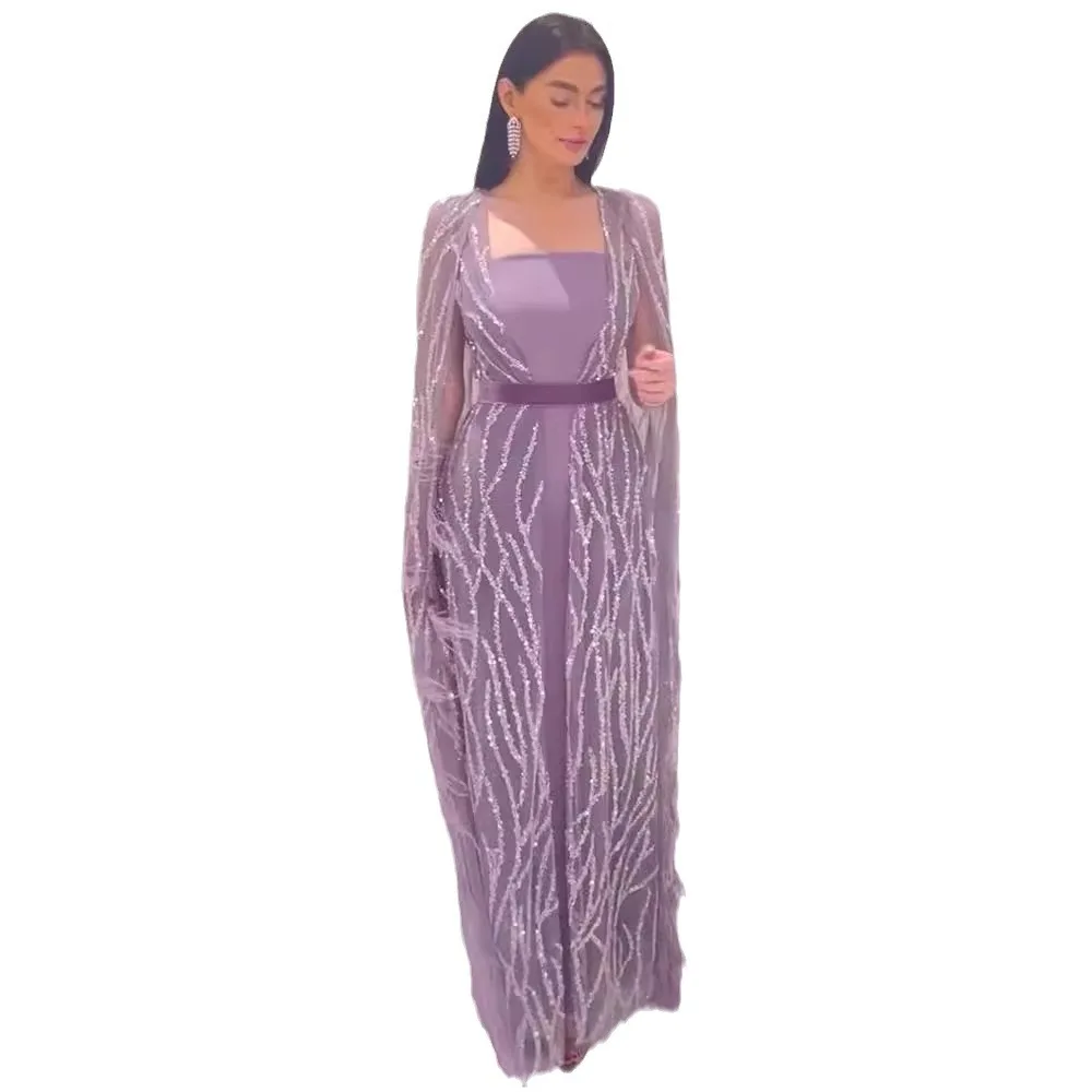 2024 New Luxury Feathers Evening Dresses with Cape Sleeves Arabic Women Wedding Party Gowns Formal Prom Dresses