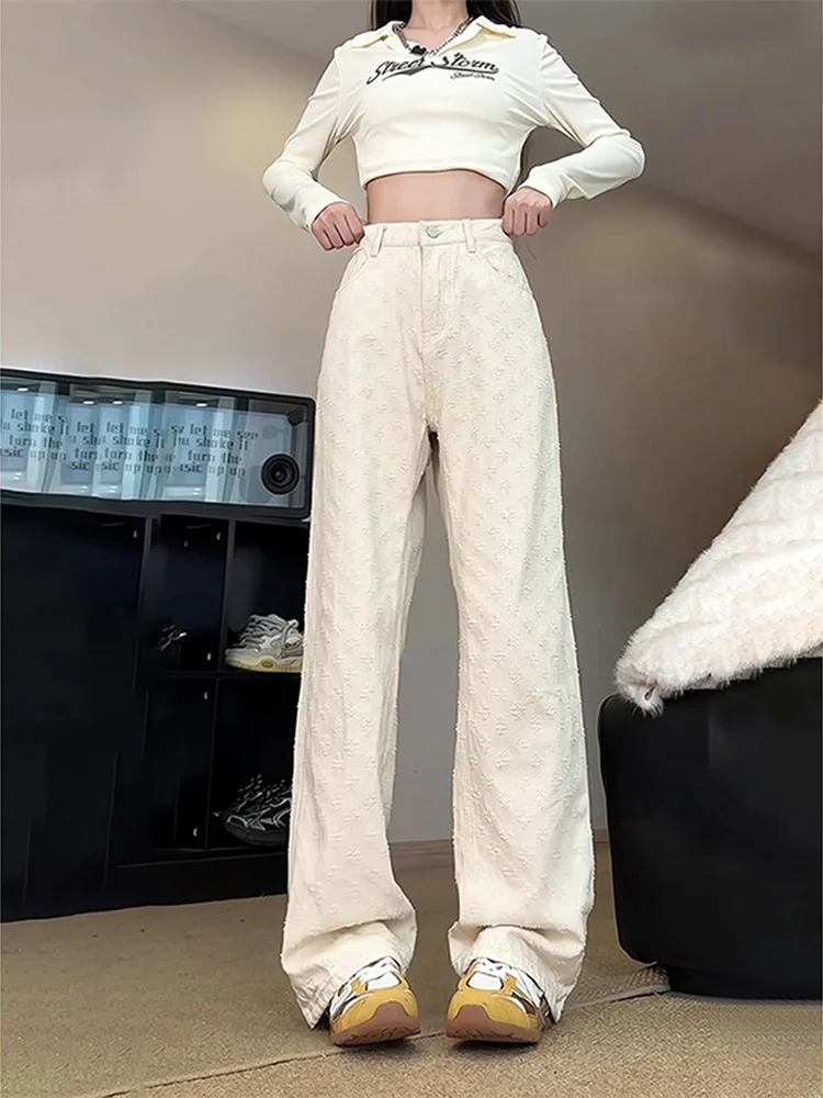 

Vintage Vibe Men's Denim Jeans Embroidered Texture Straight Leg Trousers mid Waist Zipper Casual Cleanfit Stand Fit