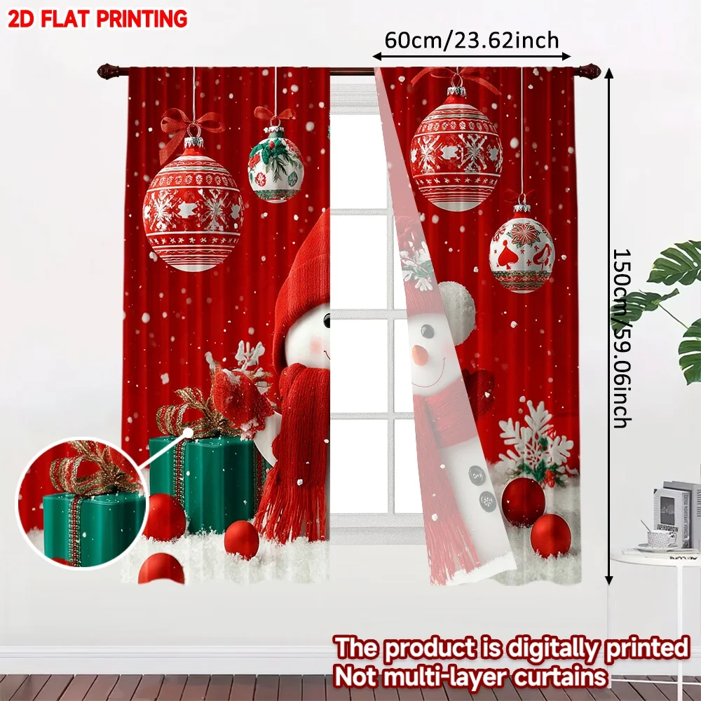 2pcs Christmas Snowman Curtains Digital Printing,Red Scarf Snowman with Ornaments Gifts Snowflakes for Festive Living Room Decor