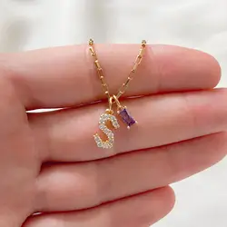 Zircon Initial Pendant Stainless Steel Letter Necklace Personalized Luxury Jewelry Rectangle Birthstone Birthday Gift for Her
