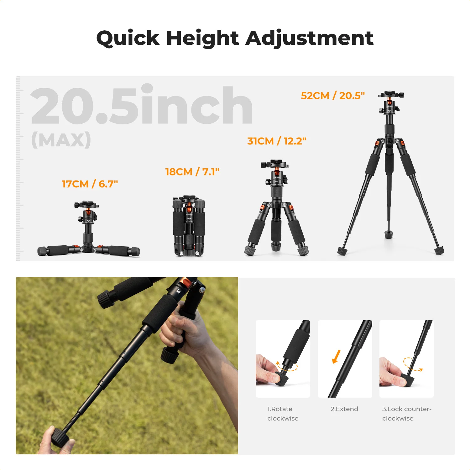 K&F CONCEPT 52cm Mini Desktop Tripod with 360° Ball Head 1/4'' Quick Release Plate for Camera Video Compact Desk Tripods S225A0
