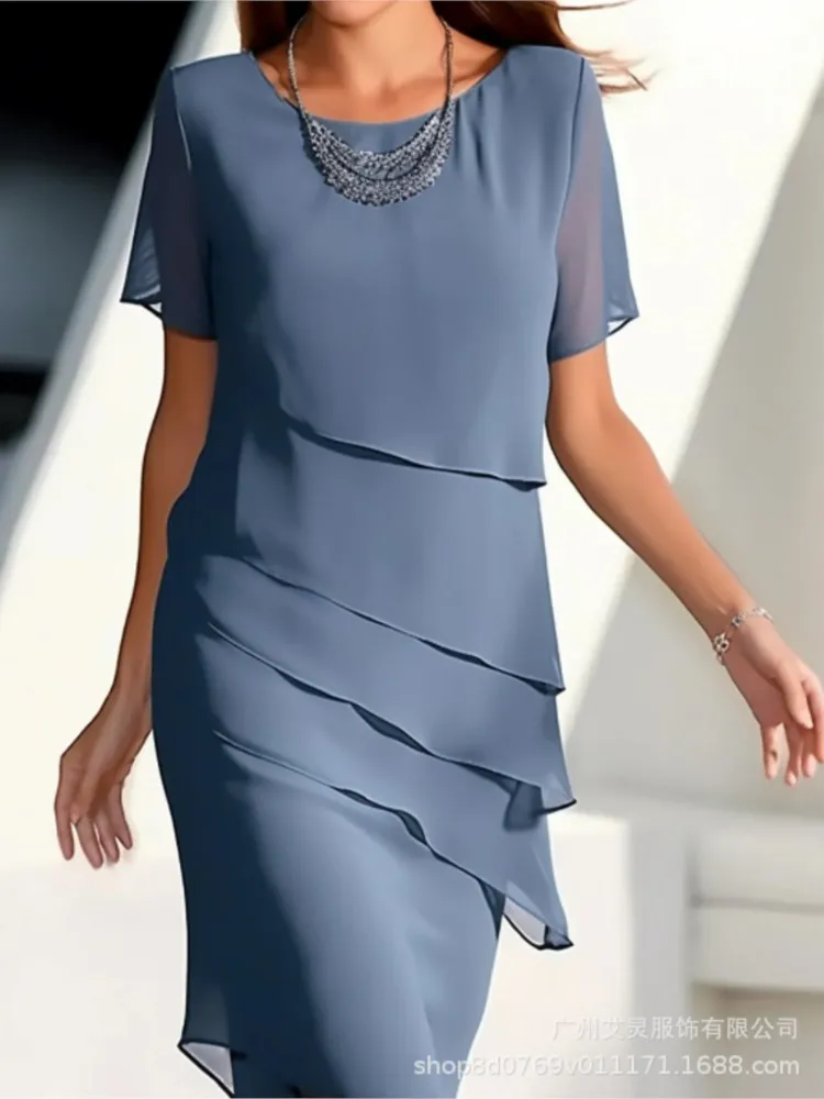 Spring Summer Women\'s New Solid Color Short Sleeved Fashionable Flash Ruffle Edge Round Neck Casual Comfortable Dress