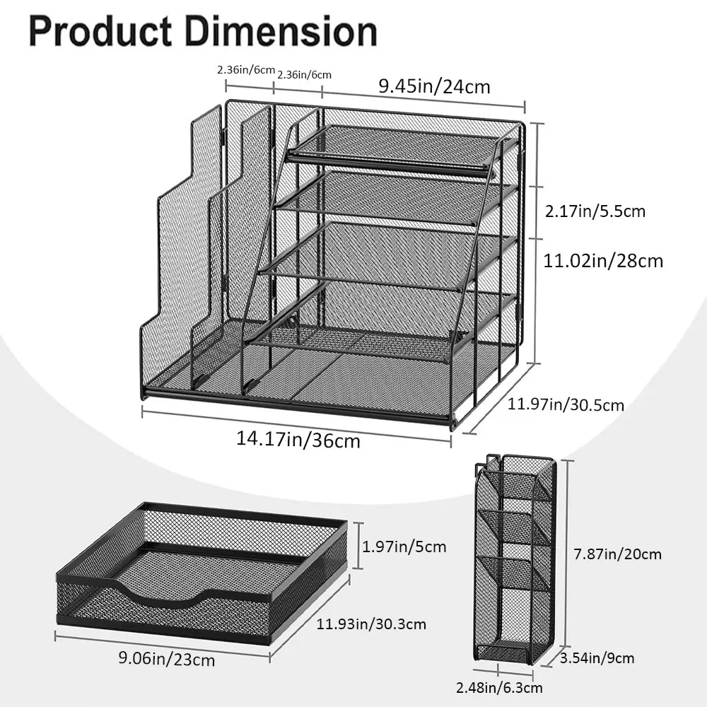 5-Tier Metal Mesh Desk Organizer with Vertical File Holder, Pull-Out Drawer and Side Pen Holder for Office Files and Stationery