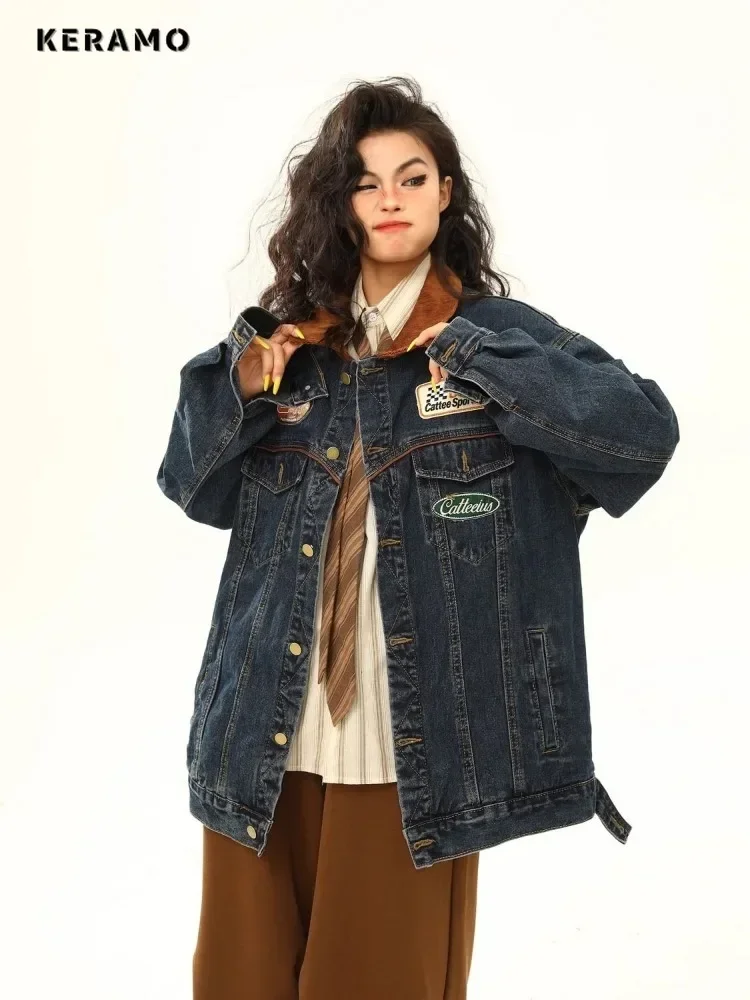 2024 Winter American Women Single Breasted Loose Y2K Appliques Coat Casual Turn Down Collar Baggy Patchwork Retro Denim Jacket