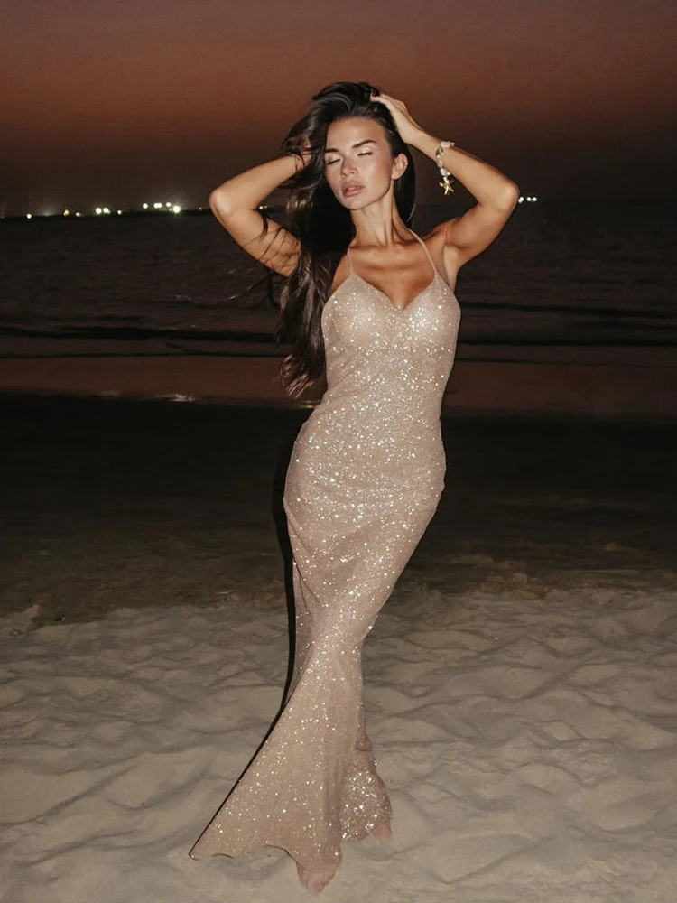 Kliou Sexy Mode Lange Jurken Vrouw Lage Hals Cross Bandage Backless Glanzende Pailletten 2026 Nieuwe Stijl Prom Party Elegante vestidos
