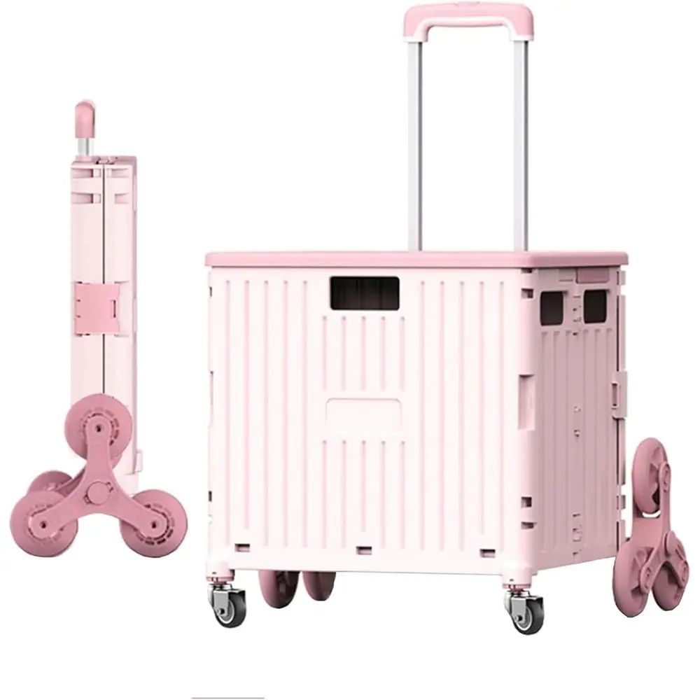 

Pink 45L Collapsible Shopping Cart with Lid, Large Capacity Portable Trolley for Stairs and Storage