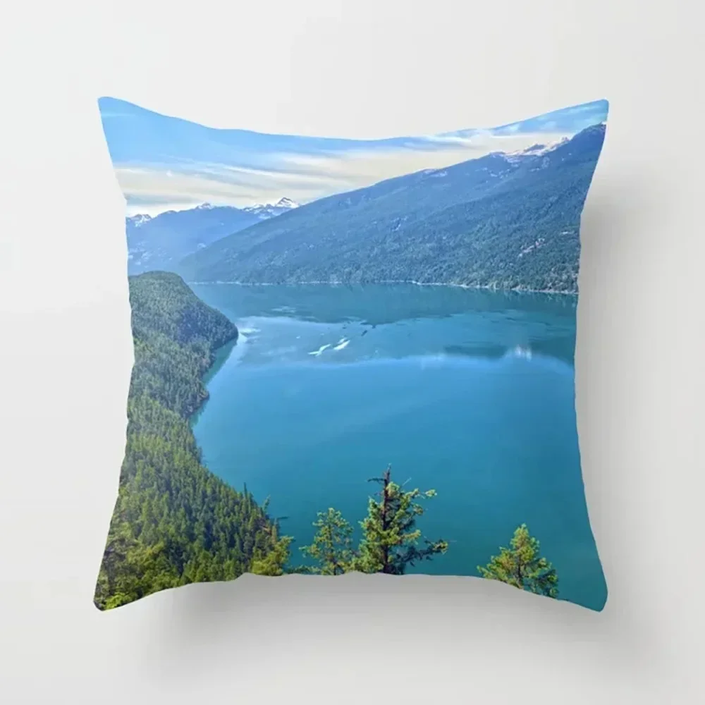 Office Decoration Cushion Cover Luxury Home Pillowcase Square Beautiful Scenery Lakeside Night Scene Print Decoration