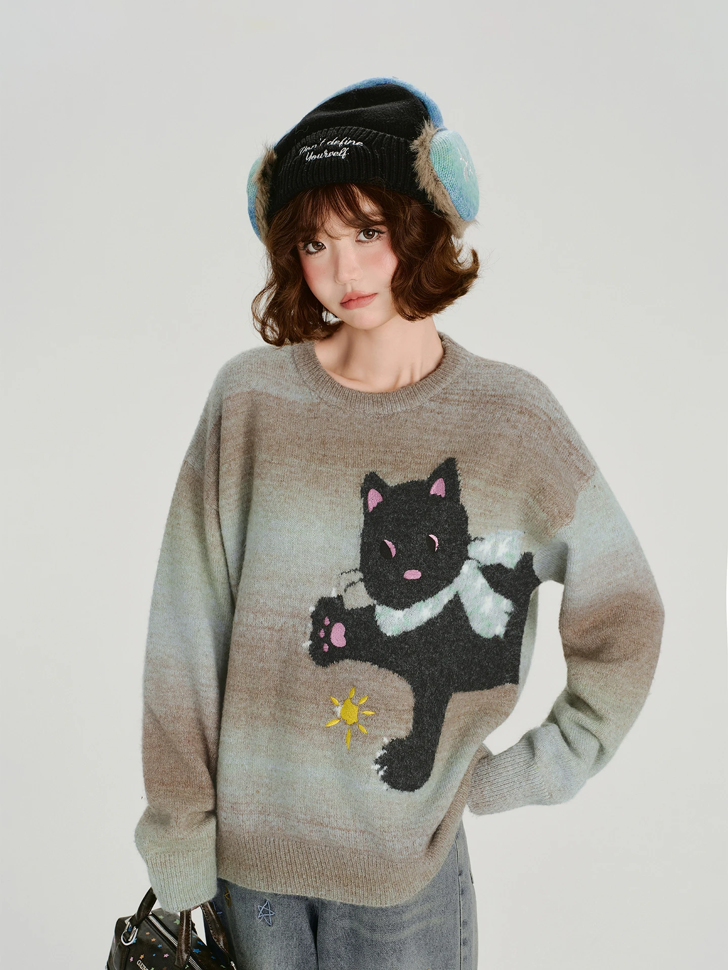 

Girly American Retro adient Knit Loose round Ne Sweater Women's Autumn Winter New Sle Casual Faion Long Sve Top