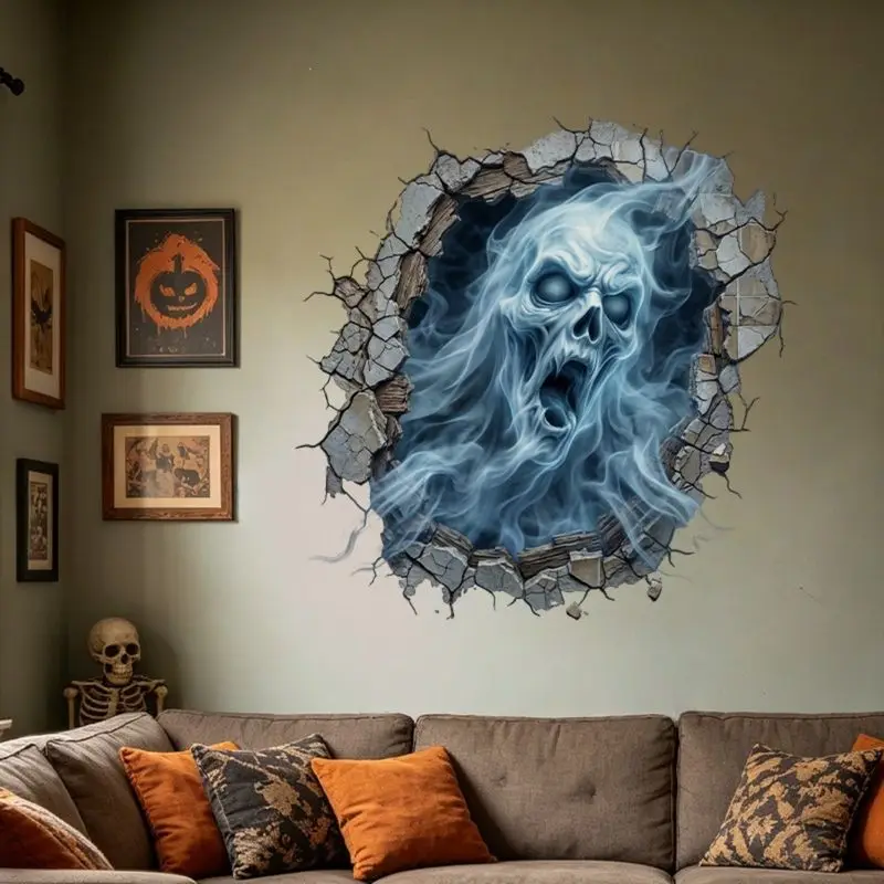 VIKAMA 3D Halloween Ghost Skeleton Wall Sticker Breaking Wall Effect, Self-Adhesive Peel and Stick Decal for Party