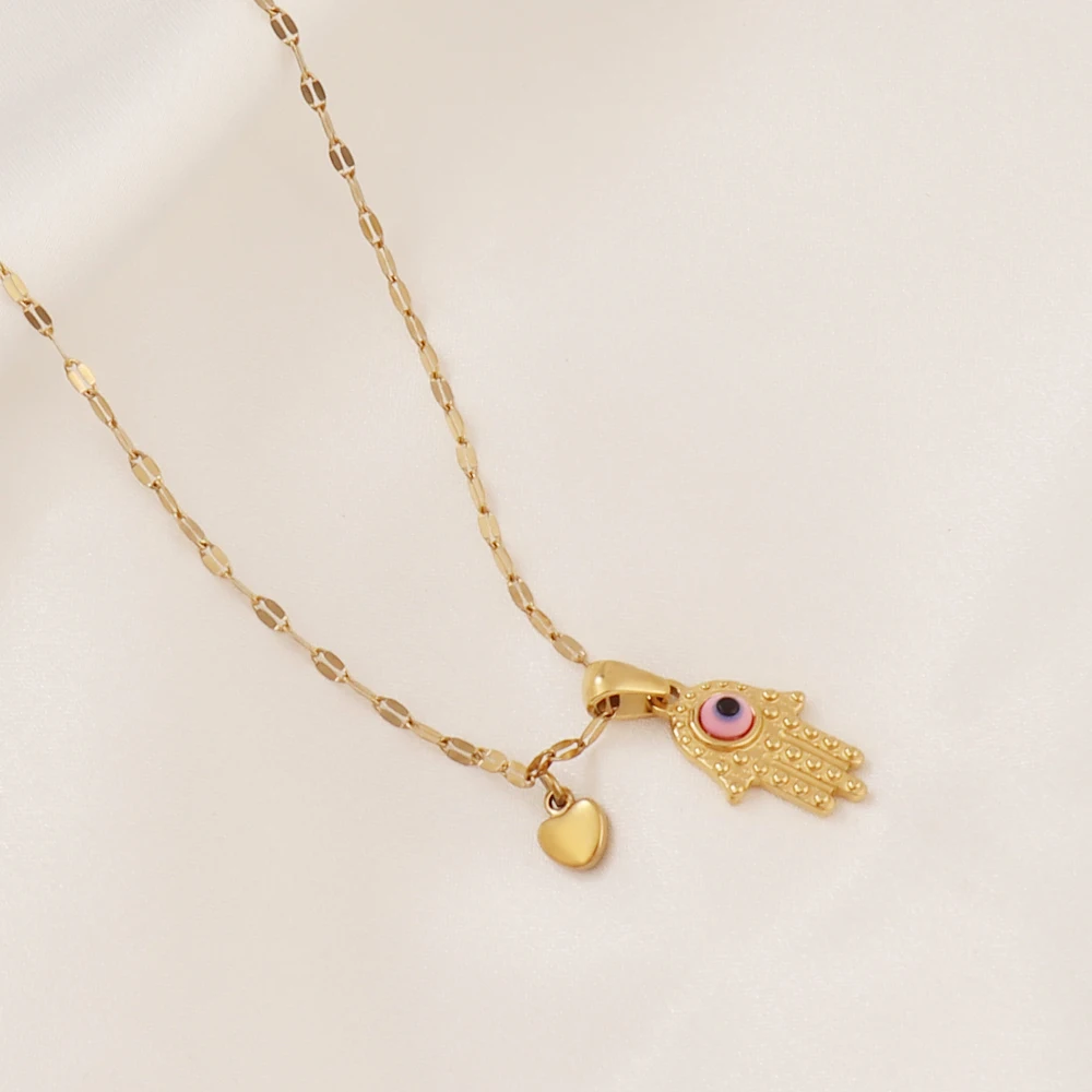 Trend Colorful Devil's Eye Beads Necklace For Women Stainless Steel Lip Chain With Fatima Hand Pendant Choker Jewelry Wholesale image 6