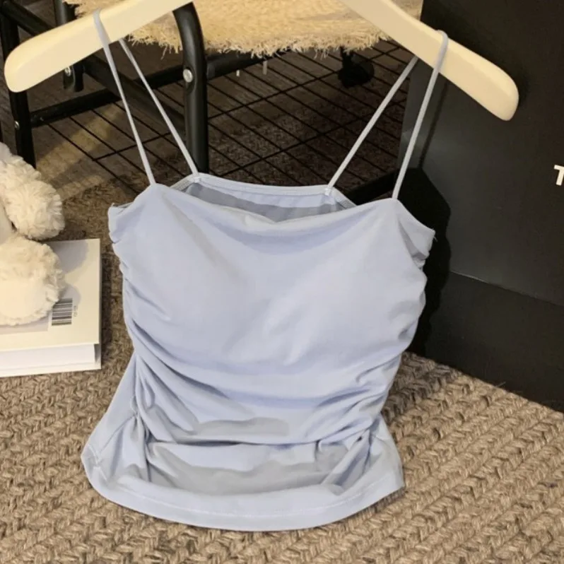 퓨어 디자이어 섹시 얇은 패드 여성용 탱크탑 여름 얇은 플리츠 슬리밍 슬림핏 아우터웨어 출퇴근용 슬리브트 길이