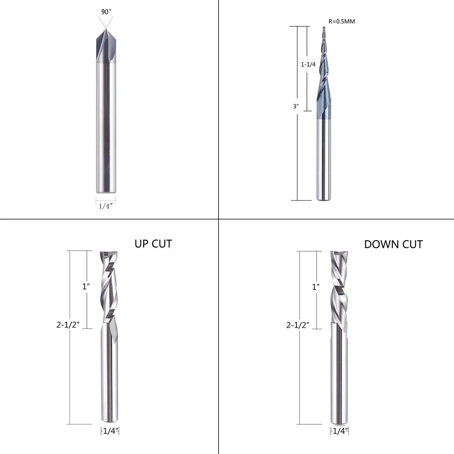 SpeTool 4pcs CNC Router Bits Carving Set for Wood Profile V Groove Engraving Solid Carbide 1/4 Inch Shank Spiral Milling Cutter