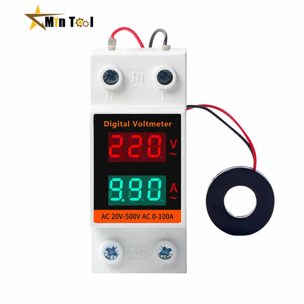 Din Rail LCD Dual Digital AC Voltmeter Ammeter AC220V 380V Meter AC60-500V AC0.00-99.9A Amp Monitor for Electrician Tool