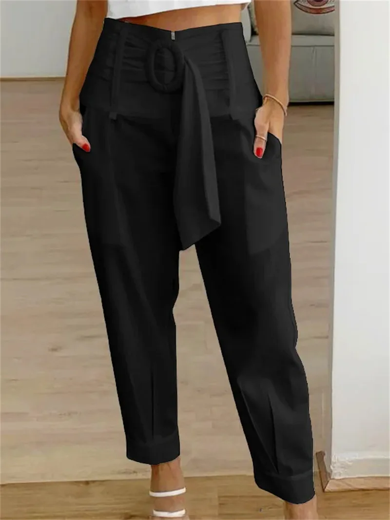 Pantalon court décontracté pour femmes, nouvelle collection été 2023, droit, fermeture éclair, taille haute, poches, mode polyvalente, couleur unie, tissu pour dames