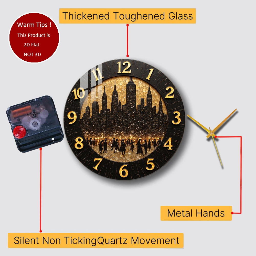 Tempered Glass Wall Clock Cityscape Silhouette Crowd Night Gold Clock Suitable For Wall Decor or Tabletop Display Anywhere