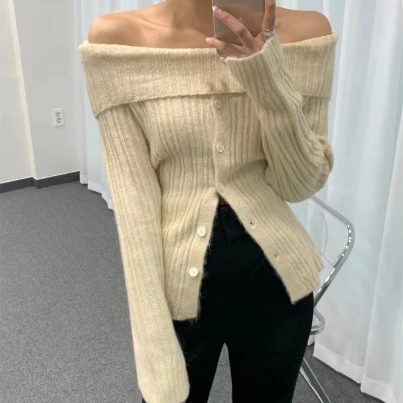 

Solid Color Pullover Gentle Style Slash Neck Wool Knit Tops Sexy Off Shoulder Sweater Women Autumn Winter Slim Fit Clothes 29803