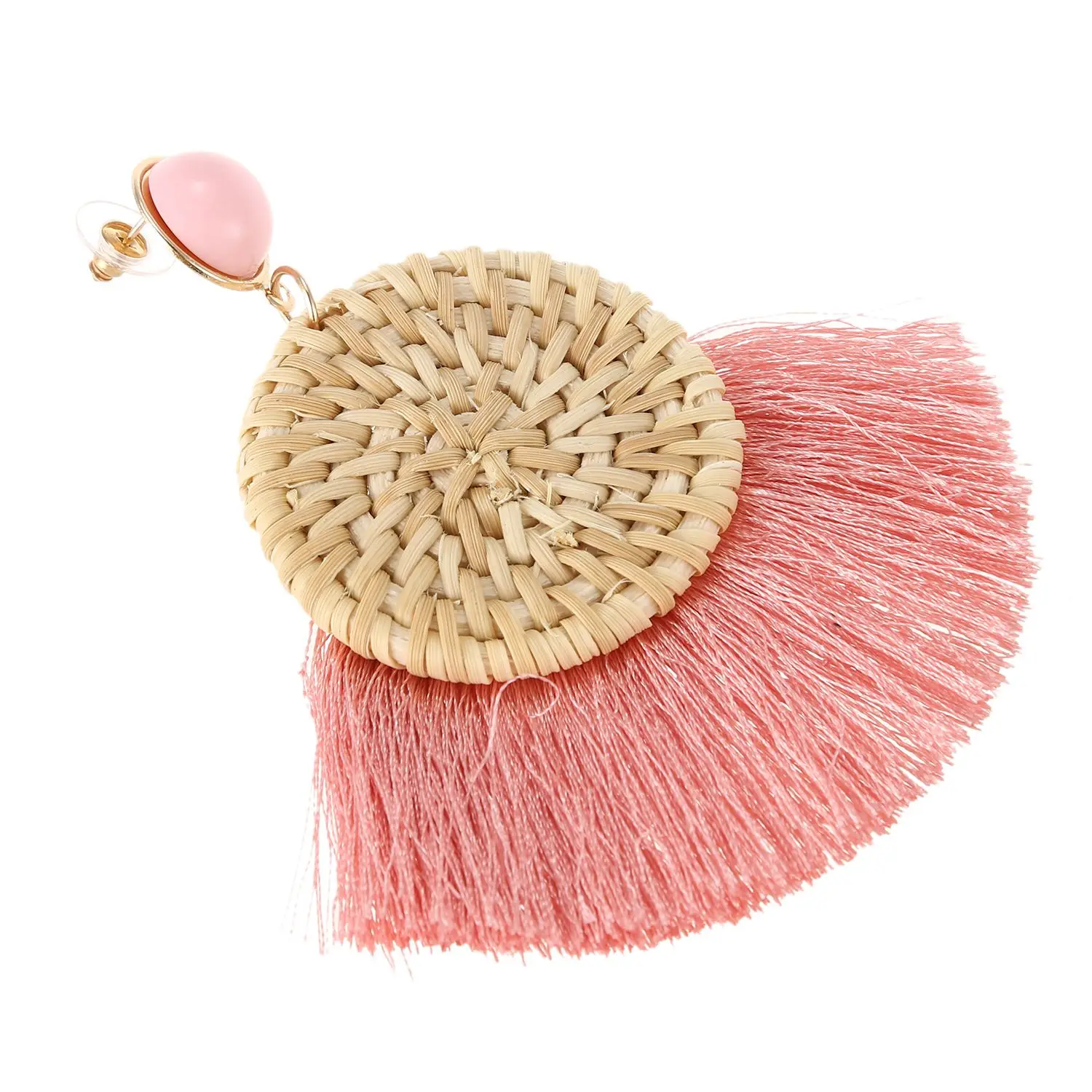 Handmade Round Scalloped Straw Tassel Earrings Ladies Woven Rattan Tassel Earrings Jewelry, Red