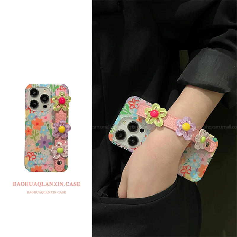 

New full screen colorful flower wristband For Apple 16promax case iPhone15pro 13promax aesthetic 16pro14promax