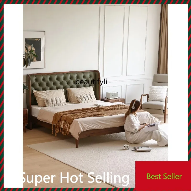 

K132 Black walnut solid wood bed 1.5 meters Modern simple leather soft bag Master bedroom Nordic double bed 1.8 meters