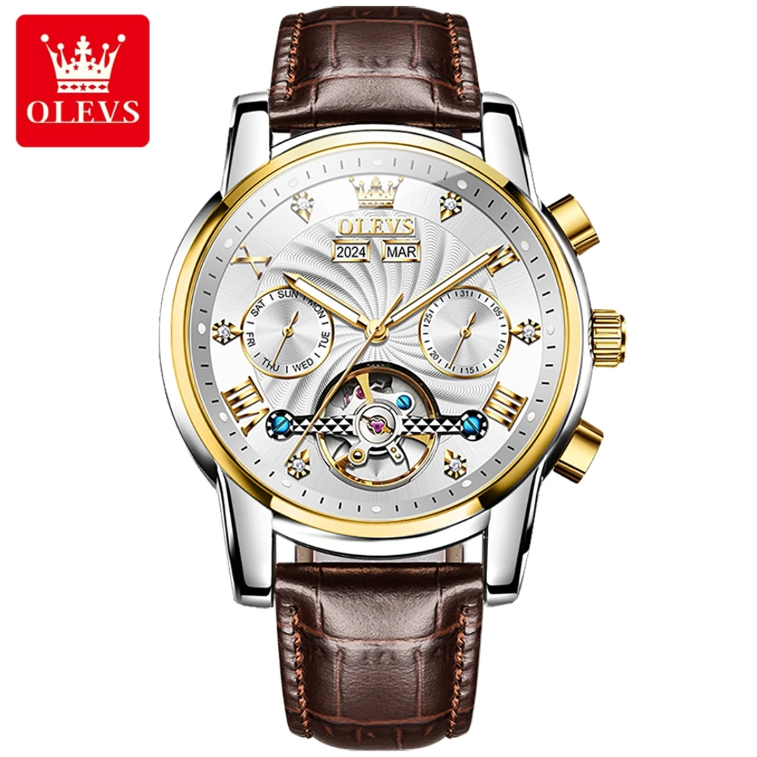 

OLEVS 7088, модные механические часы, подарок, круглый циферблат, ремешок для часов из нержавеющей стали, наручные часы, дисплей недели, светящийся год, дисплей