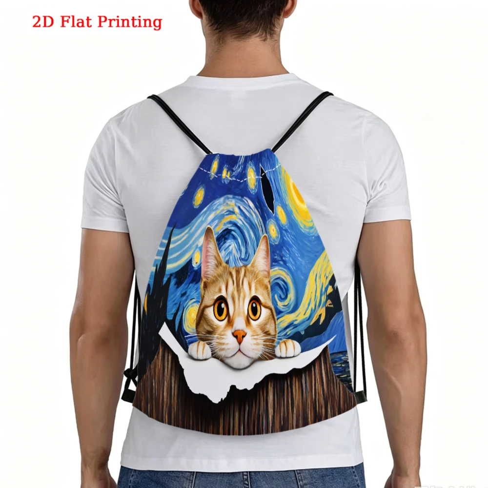 Starry Night Cat 2D Printed Drawstring Backpack Fitness Sports Outdoor Travel