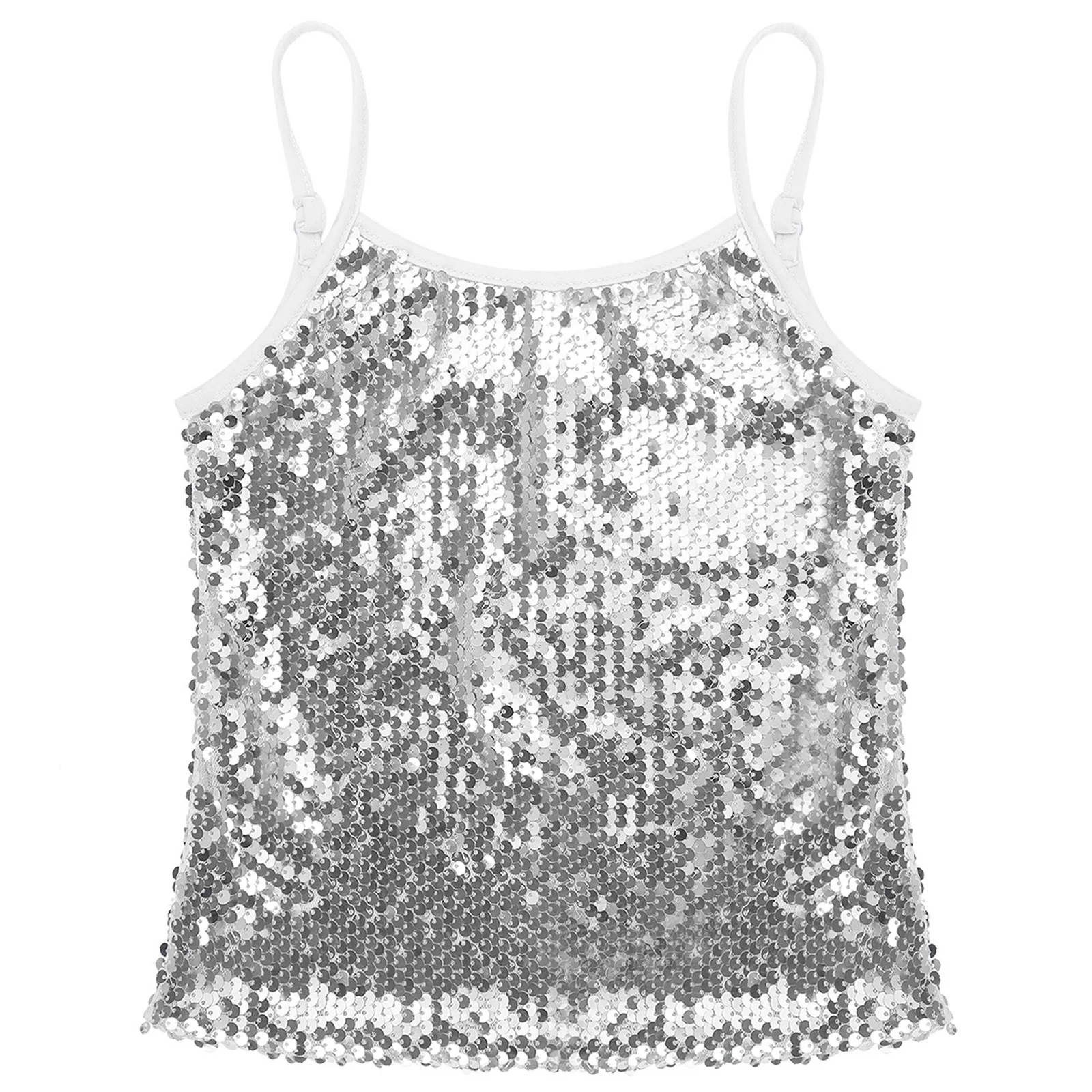 

Summer High Look Shiny Sequins Vest Tops Adult Women Mini Straps Tank Tops Fun Party Club Catching Dancing Crop Tops