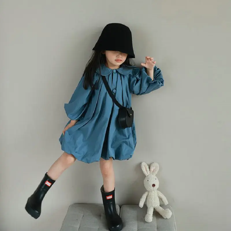 Summer Casual Baby and Girls Cotton Loose Plain Blue Puff Sleeves Single-Breasted Bud Dress Kids Lovely Outfits Clothing 2-8Yrs