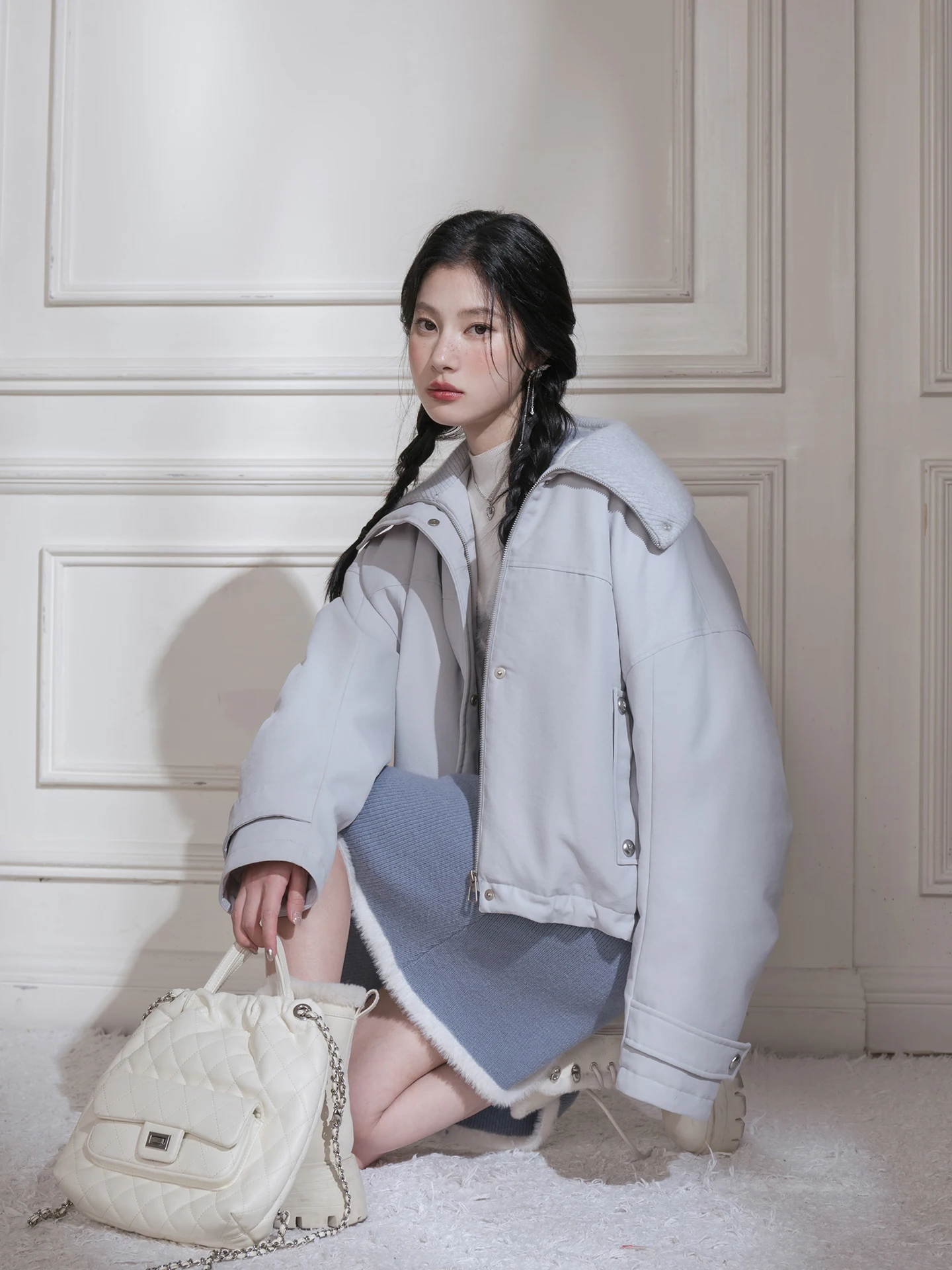 

COTRE Lightweight down Jaet Iceland Blue Knitted Collar High Quali 90 White Du down Windproof Long Sve Women's Coat