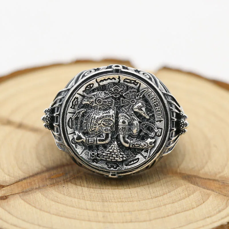 

Vintage vintage sterling silver Egyptian totem god guardian Anubis ring temperament open mouth men's Thai silver ring