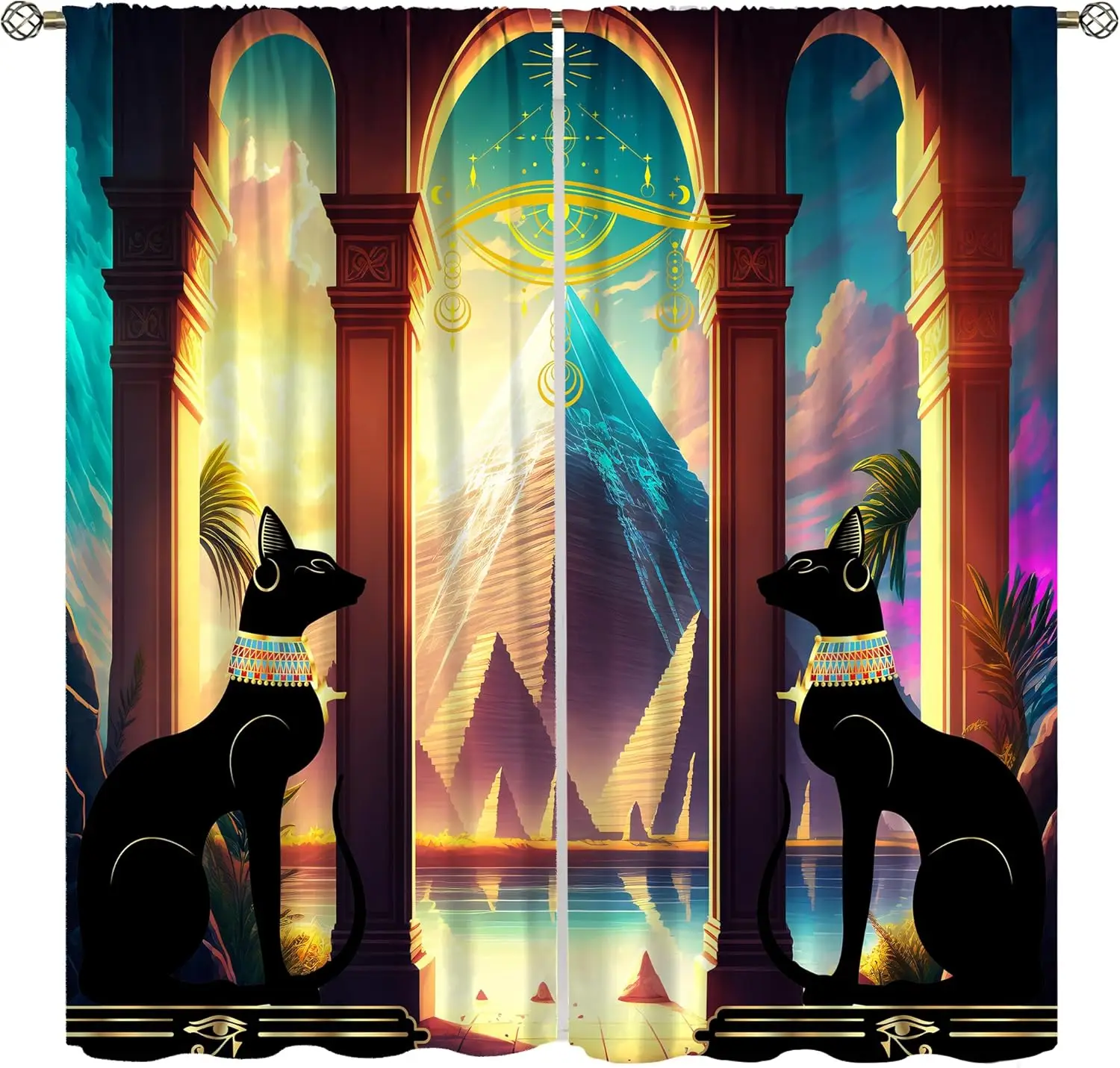 Egyptian Black Cat Decor Curtains for Bedroom,Mysterious Ancient Nile Pyramid Architecture River Black Cat Gold Star Eye Window