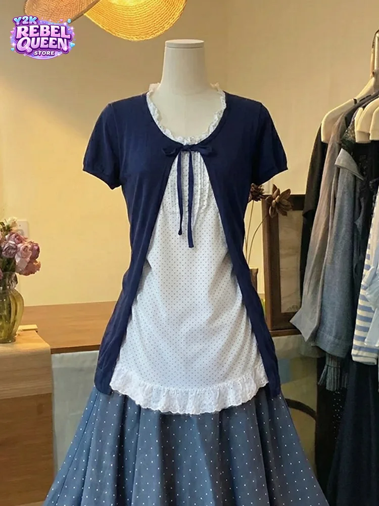Summer Vintage Japanese Sweet 3 Piece Set Women PolkaDot Cami Top Ruffle Bow Short Sleeve Cardigan High Waist Skirt Chic Outfit
