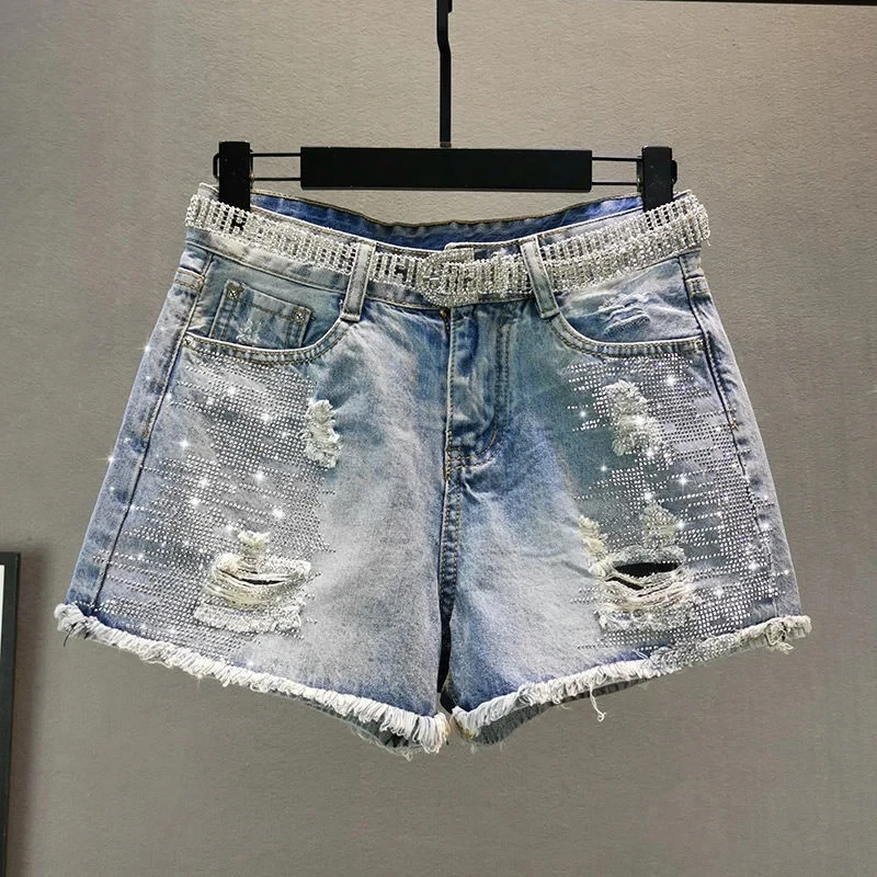 

2024 New Summer Denim Shorts Diamond Beading Tassels Shiny Chic Short Empire Ripped Holes Slim Shorts Female Pant