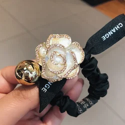 Korean New Retro Camellia Flower Flashing Diamond Hair Ties Rope for Girl Petals Mawei Balls  Ornament Accesspries