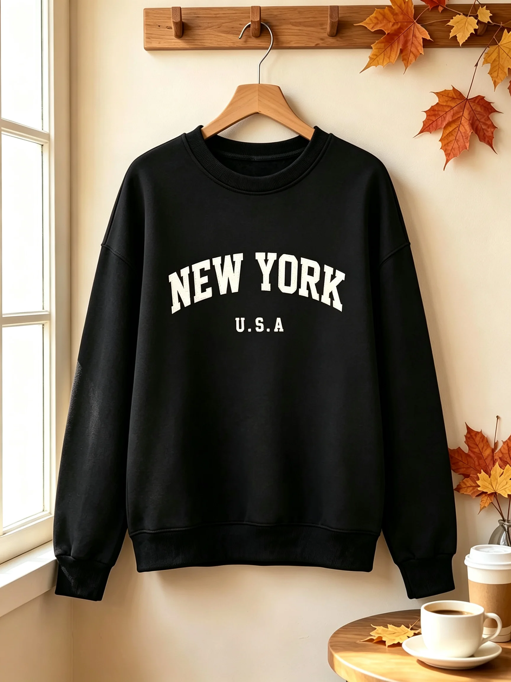 Casual Women Crew Neck Sweatshirt NEW YORK U.S.A Retro White Letter Print Loose Fit Fall Long Sleeve Graphic Pullover Tops