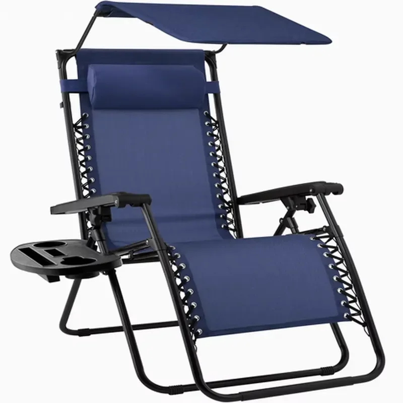 Adjustable Outdoor Recliners Folding Zero Gravity Single Sleeping Recliner Lounge Chair Set of 2 with Canopy with Cup Holder