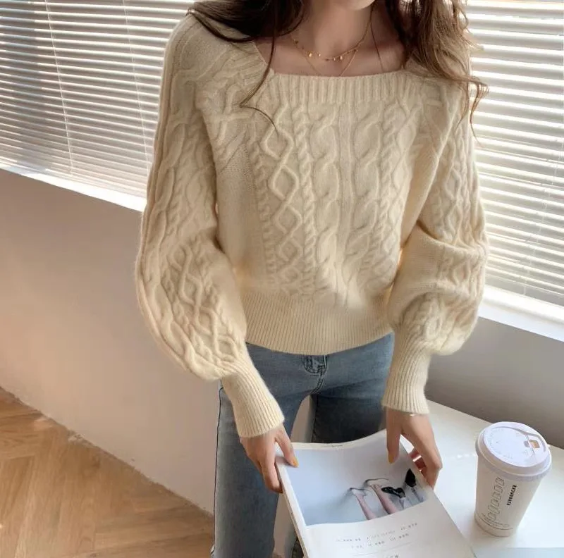 Sweater Woman autumn/winter Twist Korean Style Loose Knitwear Solid Color Square Neck woman's Sweater Dropshipping PYG0645