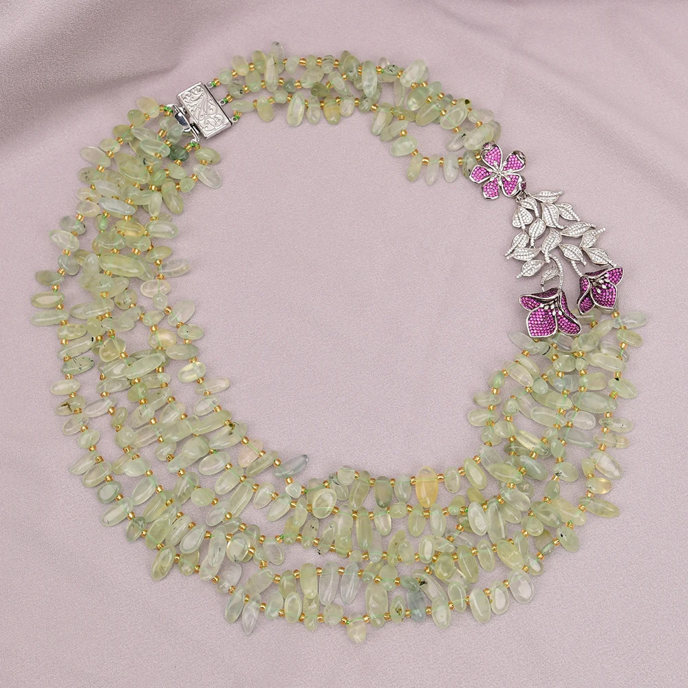 

GG Natural Green Prehnite Gemstone Necklace CZ Flower Connector Pendant